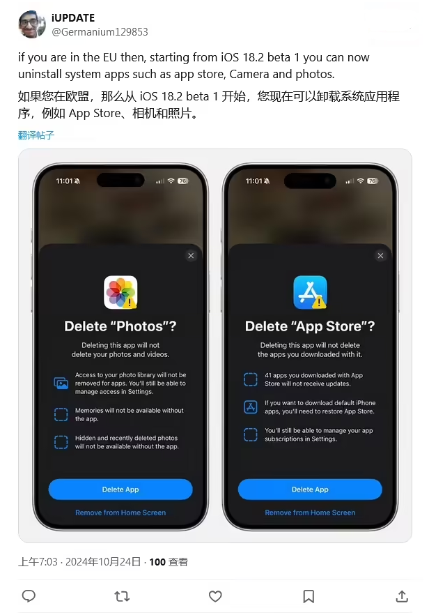西安苹果手机维修分享iOS 18.2 支持删除 App Store 应用商店 